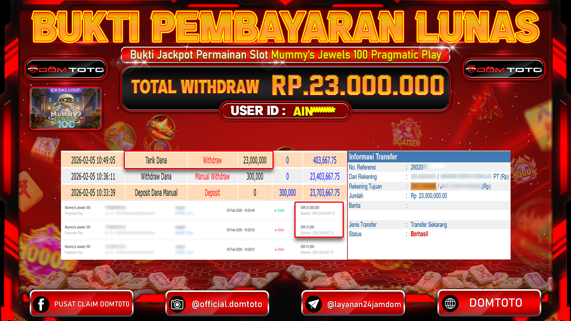 JACKPOT SLOT Menang Mummy's Jewels 100 Pragmatic Play 05 FEBRUARI 2026